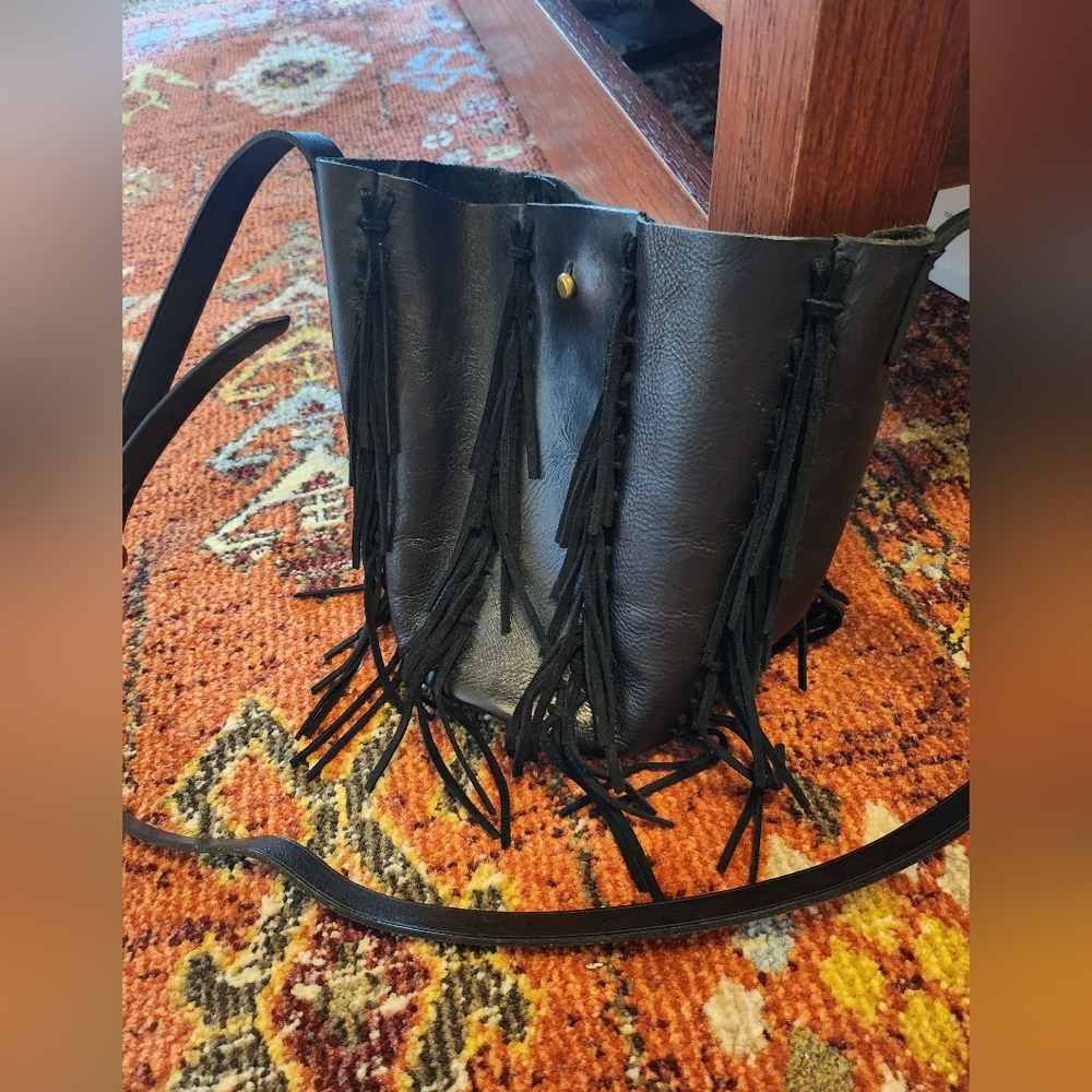 Madewell Black Fringe Leather Bucket Bag